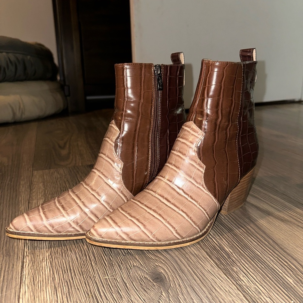Two-Tone Brown Croc-Embossed Ankle Boots